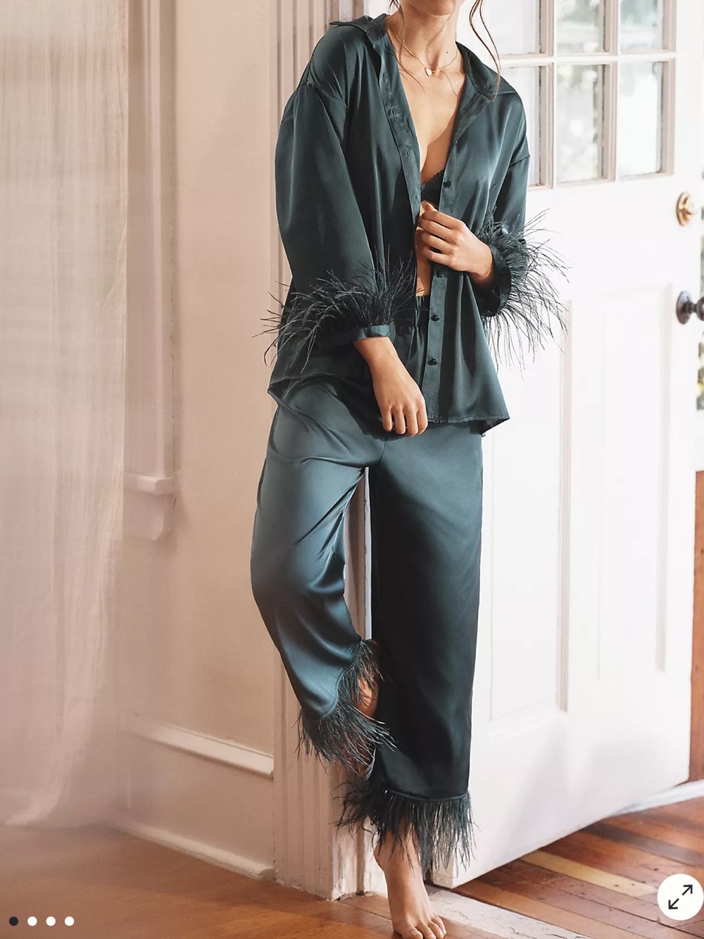 Hutch Teal Satin Feather-Trim Pajama Set